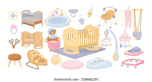 Baby bedroom interior elements vector illustrations set. Cartoon doodles of cute furniture and equipment for nursery, cradles, toys isolated on white background. Baby care, childhood, interior