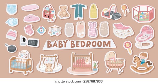 Baby bedroom interior elements vector illustrations set. Cartoon doodles of cute furniture and equipment for nursery, cradles, toys isolated on white background. Baby care, childhood, interior concept