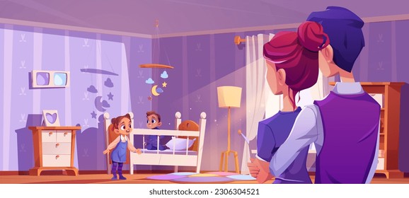 Baby bedroom interior and parents watching on kid. Nursery room with child bed and furniture cartoon illustration. Carpet near crib in flat. Happy childhood and young mother with father lifestyle