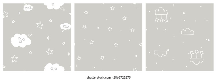 Baby bedtime neutral seamless pattern set.