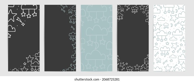 Baby bedtime vertical tall modern flyer set with copy space and cute doodle frames and borders. Modern design for shop decoration, sale banner or promotional poster in charcoal grey and mint blue.