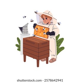 Baby beekeeper gathers harvest of honey from hive. Cute kid in protective suit collects honeycombs from beehive. Boy keeping bees, honeybees. Flat isolated vector illustration on white background