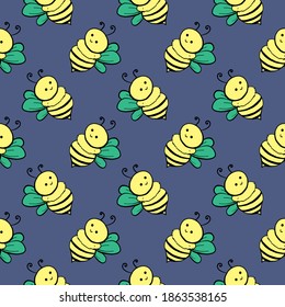 Baby bees,seamless pattern on dark purple background.