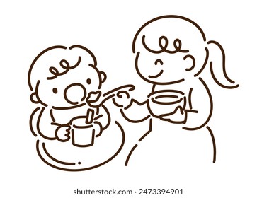 A baby being fed baby food by his mother (black and white line drawing)