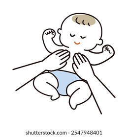 Bebê sendo massageada com uma expressão confortável.