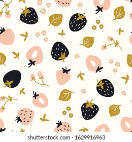 Baby berry seamless pattern. Background with bright strawberries, leaves and flowers