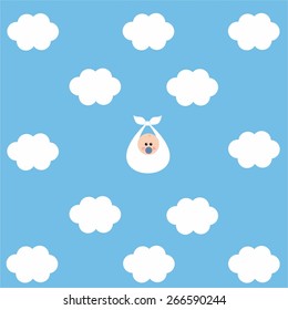 Baby between clouds in blue sky. Vector illustration.