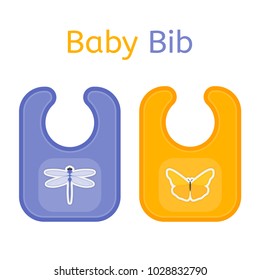 Baby bib in bright colors isolated on white background. Vector illustration of baby feeding supplies.