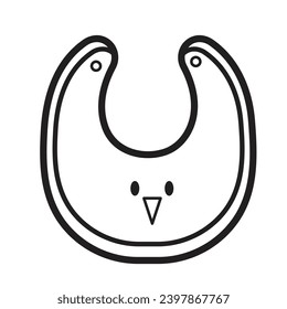 Baby Bib with chicken animal face design vector icon illustration black outlined isolated on square white background. Simple flat cartoon art styled with kids or children themed drawing.