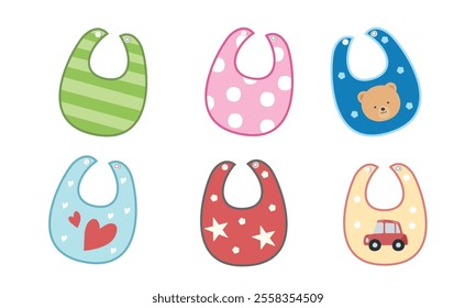 Baby bib clipart set in different color and texture. Baby apron vector set in cartoon style.  Baby element, baby shower flat vector isolated on white background. 