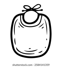 Baby bib. Hand drawn doodle. Breastplate. Feeding a small child. Textile item with ties. Childhood. Vector line art illustration.