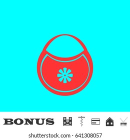 Baby bib icon flat. Red pictogram on blue background. Vector illustration symbol and bonus buttons Music center, corkscrew, credit card, house, drum