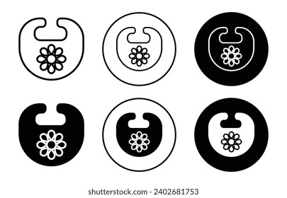 Baby bib icon. toddler kid child food feeding cloth towel to clip around neck logo symbol. baby infant or newborn wearing apparel while eating vector set. nursery apron for baby bib sign 