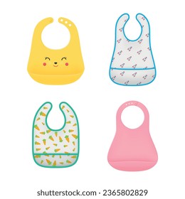 Baby bib plastic and textile protective newborn clothes for eating set realistic vector illustration. Childish safety garment for feeding cute design with muzzle character carrot rocket and pink apron svg