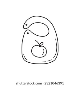 Baby bib, protection from drool and dirt. Vector Doodle illustration. Things and attributes for newborns. Small children's clothes sketch with a black contour line by hand.