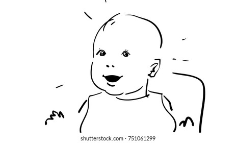 A baby with a bib sits on a high chair. Black and white vector sketch. Simple drawing. 