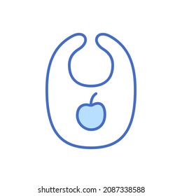 Baby bib thin line icon isolated on white background. Blue outline baby care object with apple. Toddler child care element design. Minimal vector illustration.