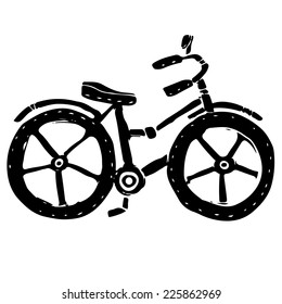 Baby bicycle black silhouette cartoon hand drawn illustration isolated on a white background 