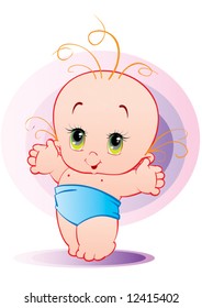 baby with big eyes stands in a blue diaper and spreads his arms wide delighted, vector illustration, eps