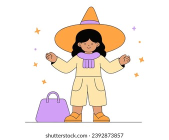 Baby in big hat, flat vector illustration.