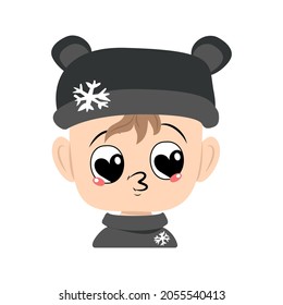 Baby with big heart eyes and kiss lips in bear hat with snowflake. Cute kid with loving face in carnival costume for the holiday or winter headdress. Head of adorable kid