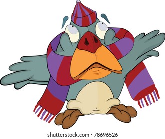 Baby bird, sparrow in a cap and a scarf.  Cartoon