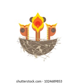 Baby birds in nest icon. Cute comic cartoon. Newborn hungry bird sitting in straw nest. Minimalism simplicity wildlife design. Template birdwatching card, nature care background. Vector illustration