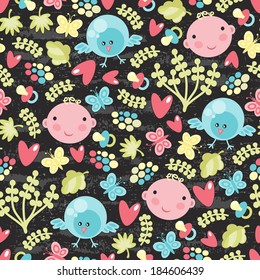 Baby and birds seamless background. Vector texture. 