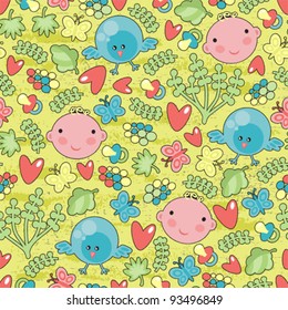 Baby and birds seamless background. Vector texture.
