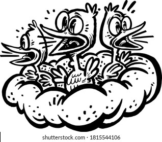 Baby birds yelling for food in a bird nest
