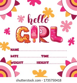 Baby birth announcement with funny hand-drawn lettering. Hello girl svg
