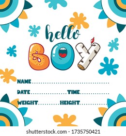 Baby birth announcement with funny hand-drawn lettering. Hello boy svg