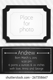 baby birth announcement template frame photo chalk blackboard and watercolor gray striped background