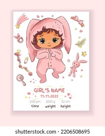 Baby birth card for newborn girl with name, height, weight, date of birth. Cute hand drawn children postcard. Vector Illustration, poster for kids with newborn metric for children bedroom