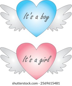 Baby birth card, pink and blue heart with wings, décor for baby shower