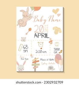 Baby birth poster. Vector illustration of soft colorful teddy bear, bunny, balloon, baby clothes, baby toys, height, weight, date of birth on white background. Illustration for kids bedroom.