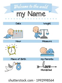Baby birth print. Baby data template at birth. Weight, measurement, place, time and day of birth