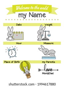 Baby birth print. Baby data template at birth. Weight, measurement, place, time and day of birth
