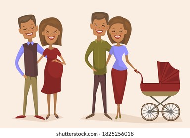 Baby birth set. Isolated happy man and pregnant woman couple. Wife, husband walking with child carriage. Father, mother person family, baby birth, pregnancy, maternity, parenthood vector illustration