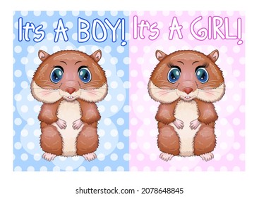 Baby birthday card, boy or girl, brown hamster with bright eyes or guinea pig. baby shower hamster