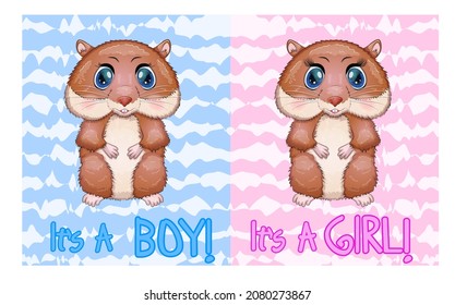 Baby birthday card, boy or girl, brown hamster with bright eyes or guinea pig. baby shower hamster