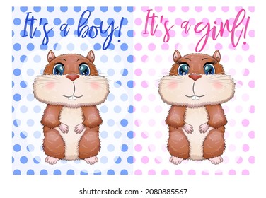 Baby birthday card, boy or girl, brown hamster with bright eyes or guinea pig. baby shower hamster