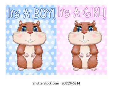 Baby birthday card, boy or girl, brown hamster with bright eyes or guinea pig. baby shower hamster