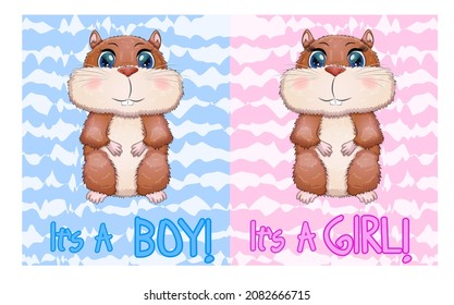 Baby birthday card, boy or girl, brown hamster with bright eyes or guinea pig. baby shower hamster