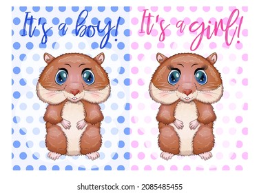 Baby birthday card, boy or girl, brown hamster with bright eyes or guinea pig. baby shower hamster