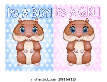 Baby birthday card, boy or girl, brown hamster with bright eyes or guinea pig. baby shower hamster