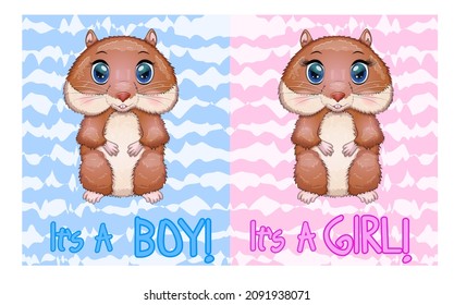 Baby birthday card, boy or girl, brown hamster with bright eyes or guinea pig. baby shower hamster