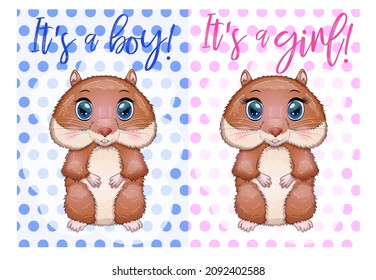 Baby birthday card, boy or girl, brown hamster with bright eyes or guinea pig. baby shower hamster