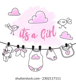 Baby birthday card with doodle style decorations, gender party, it is a girl, handwritten lettering