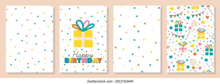 Baby birthday card set. Greeting cards with present, hearts, stars and balloons. 10 x 15 cm template